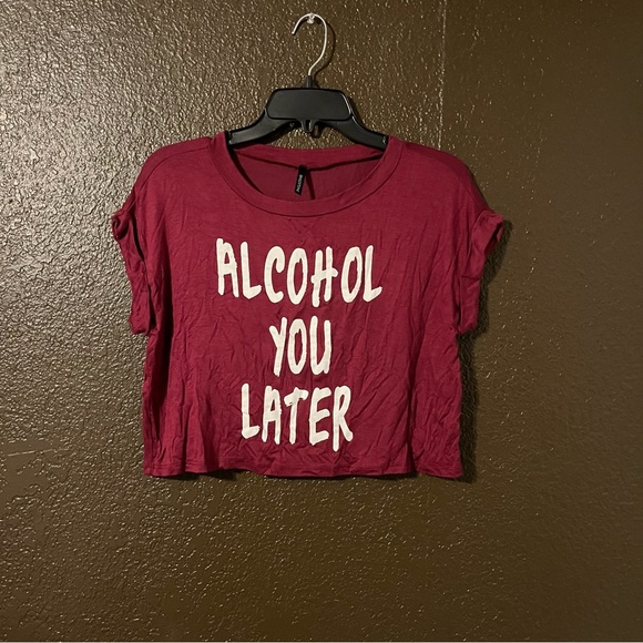 Maroon Short Sleeve Crop Top ‘Alcohol You Later’, Size Medium - Picture 1 of 4